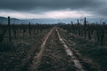 Obraz premium Muddy path through barren vineyard under stormy skies