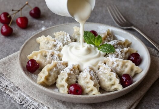 Delicious cherry dumplings with sour cream and mint garnish, dusted with powdered sugar
