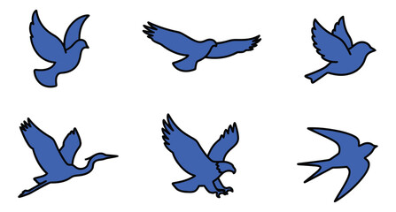 Obraz premium Flat icon set of 6 flying birds featuring dove, eagle, heron, swallow and sparrow silhouettes for nature and wildlife design