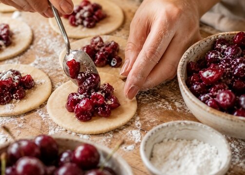 Preparing homemade cherry pastries by spooning fruit filling onto dough circles