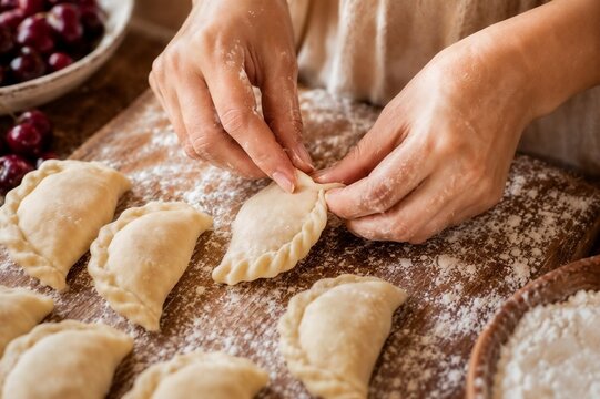 Hands carefully shaping raw dumplings filled with cherries on a floured wooden board