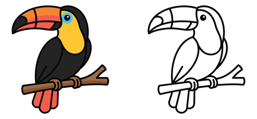 Fototapeta premium Cartoon illustration of a toucan bird depicting a colored version and outline coloring page for children and educational design