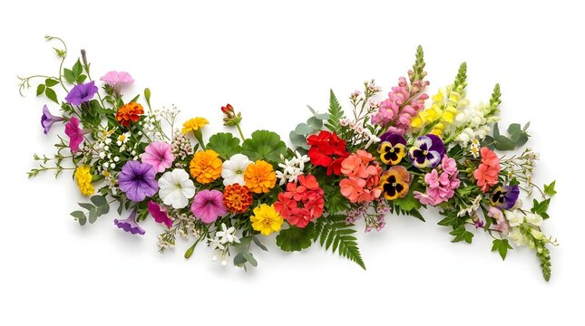 Spring flower garland on white background. Colorful floral border for seasonal design.