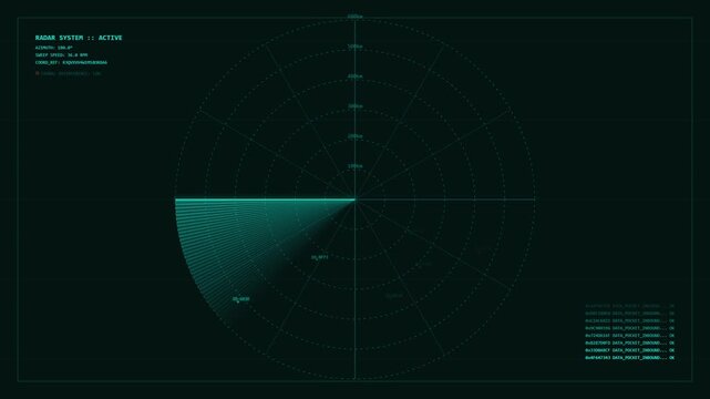 Digital radar screen interface displaying rotating scanning cone and data points, futuristic technology, surveillance and navigation