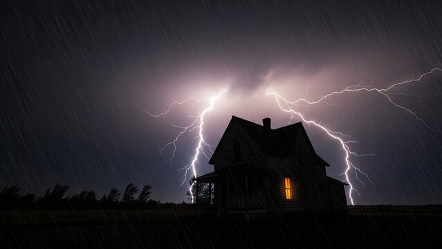 Silhouette of a house during a night lightning storm.