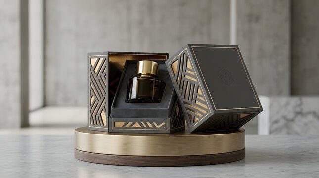 Luxury perfume bottle in open gift box. Premium fragrance packaging on a gold pedestal.