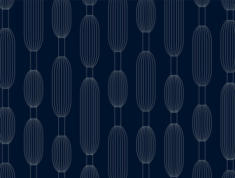 Pattern with elegant art deco oval geometric chain motifs in dark blue line art style. Minimalist background for wallpaper and fabric.