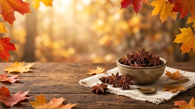 Warm autumn harvest spices and fall leaves on rustic wooden table