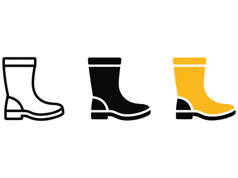 Rubber boots icon set, waterproof rain boots, yellow and black garden boots Editable Vector