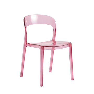 A transparent pink plastic chair with a rounded backrest and four simple legs, featuring a minimalist style, isolated on a black background isolated on a transparent background