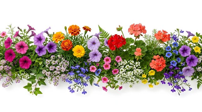 Colorful floral border with spring flowers. Decorative garden plants frame on white background.