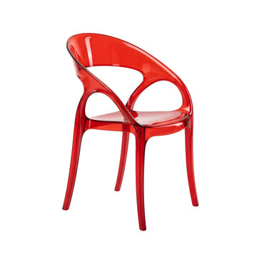 A transparent red plastic chair with a unique, flowing, organic shape and a curved backrest, isolated on a solid black background, for display isolated on a transparent background