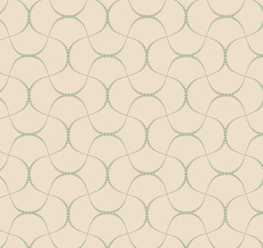 Seamless vector pattern of delicate dotted wavy lines forming an abstract geometric mesh on a beige background. Elegant tile for textile and wallpaper.