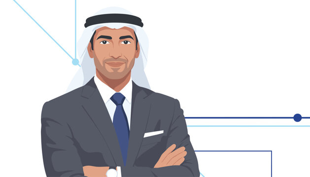 Confident middle eastern businessman wearing a traditional white shemagh and grey suit smiling with crossed arms.