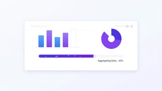 Modern user interface card showing data aggregation progress with a bar chart, donut graph, and progress bar on a clean white background.