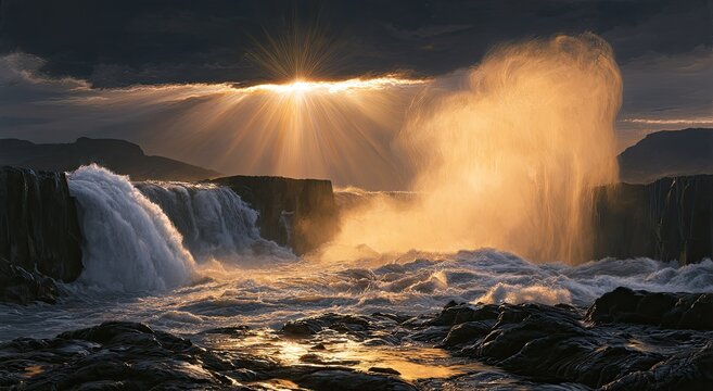 Powerful waterfall cascades into turbulent water under dramatic sunbeams
