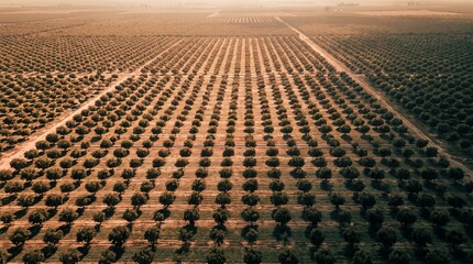 Fototapeta premium Aerial view of a vast agricultural orchard with trees planted in neat symmetric rows during golden sunset hour