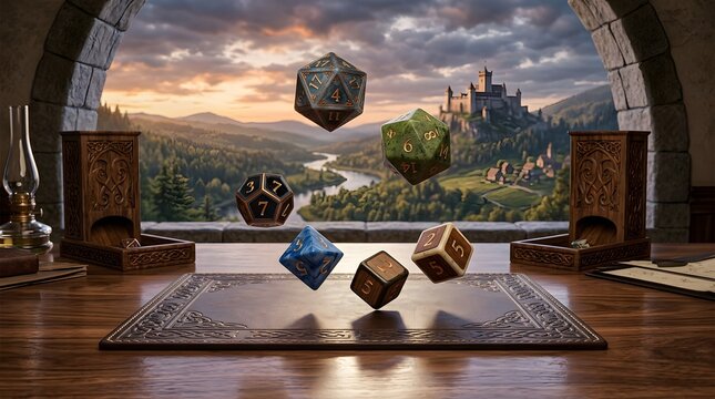 Imaginary world of fantasy board games with dice floating in the air with a castle in the background