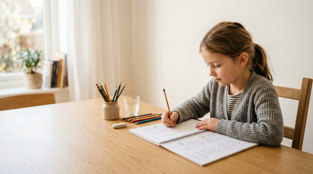 Young girl doing homework at a wooden table
