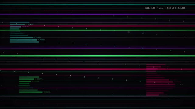 Digital glitch effect with colorful horizontal lines and static noise on black background, data corruption, screen error