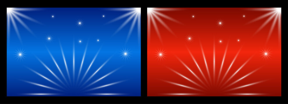 Abstract lighting background featuring split screen design with glowing blue and red light rays and sparkling particles