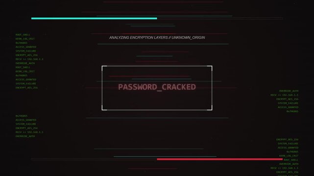 digital data stream with glitch effect, computer screen showing code, password entry, and cyber attack warning