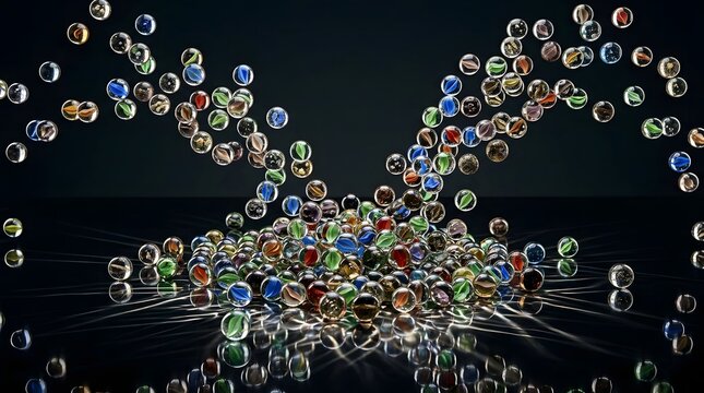 Crystal glass marbles cascading. Colorful spheres falling on a dark reflective surface.
