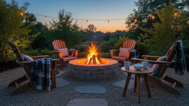 Cozy backyard fire pit area with wooden lounge chairs.