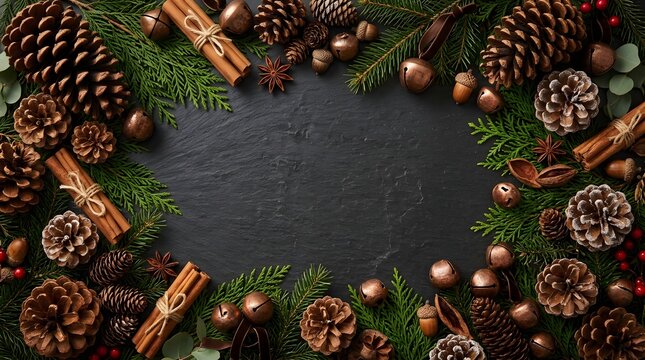 Christmas background with pinecones and cinnamon. Festive holiday border on dark stone.