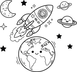 Obraz premium Cute cartoon rocket ship flying above planet Earth with moon and stars coloring page for children activity book