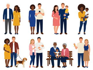 Fototapeta premium Diverse Multi-Ethnic Families and Couples Flat Vector Collection