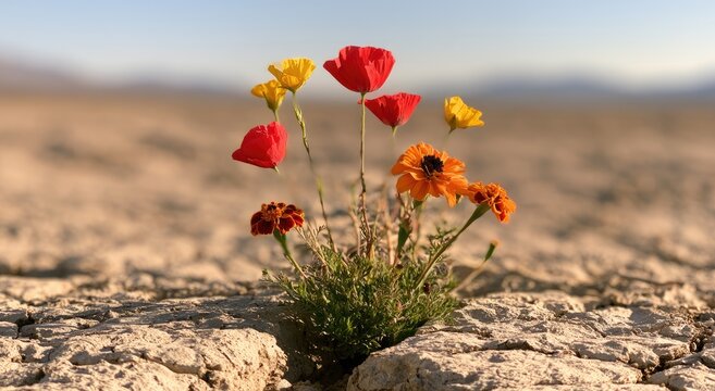 Vibrant wildflowers bloom defiantly in parched, cracked earth under a clear sky