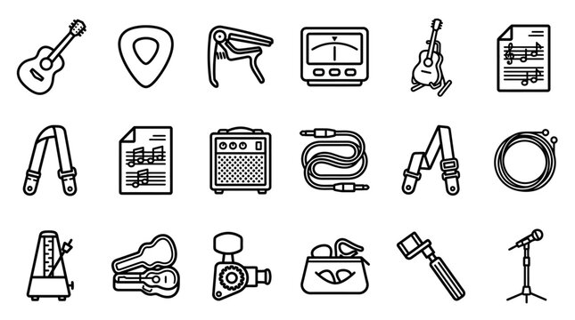 Guitar Accessories Icon Set: Music Tools, Instruments, and Equipment Line Art Collection