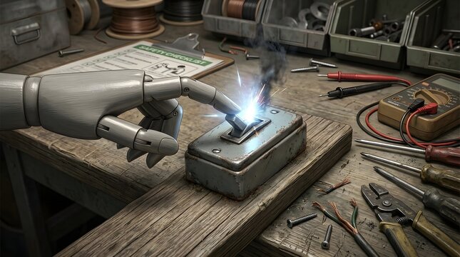 Robotic hand activating a switch with sparks flying, showcasing technological advancement and innovation