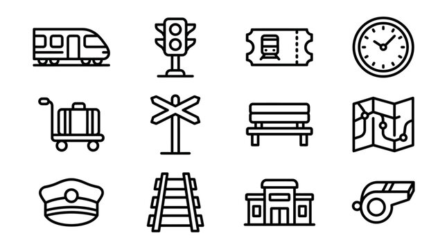 Train Travel Icons Set: Locomotive, Station, Ticket, Clock, Semaphore, Bench, Map, Whistle
