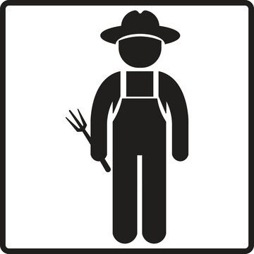 Simple black silhouette icon of a farmer with a pitchfork and hat.