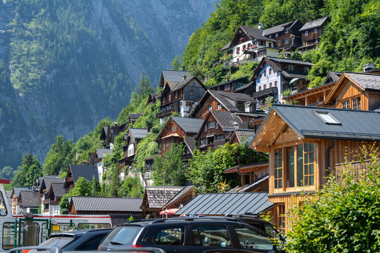 Traditional Wooden Houses with Wooden Balcony in Alpine Village of Hallstatt
