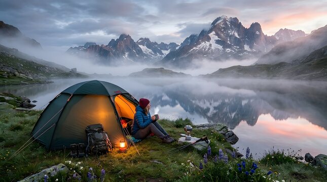 Person camping by alpine lake at sunset. Hiker resting near tent in mountain wilderness.