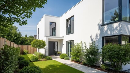 Fototapeta premium Modern white minimalist house exterior with lush garden pathway.