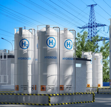 Hydrogen production. Hydrogen storage tanks at an industrial energy facility support green hydrogen production, energy storage and clean fuel distribution.