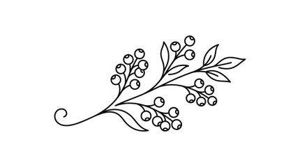 Minimalist black and white line art of a berry branch with leaves and a swirl © 300mas