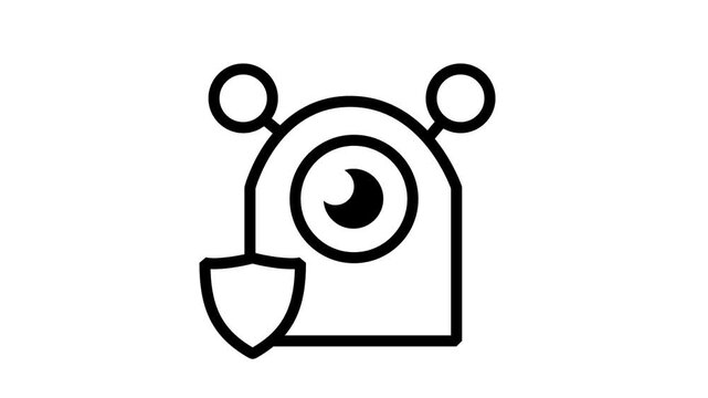 Security Surveillance Camera Animation. Animated line icon of a modern surveillance camera behind a security shield for privacy protection and monitoring.