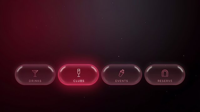 Nightlife menu interface with four illuminated rounded glass buttons on dark red background featuring icons for drinks clubs events and reserve options in modern luxury bar app.
