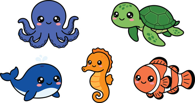 Cute sea animals vector illustration set featuring a baby octopus turtle whale seahorse and clownfish character