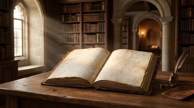 Antique manuscript on library table. Old open book with parchment pages in study room.