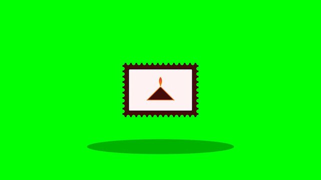 Animated Postage Stamp Icon with Volcano Illustration on Green Screen Background.