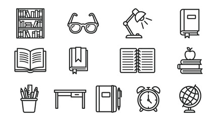 Education Icons: Bookshelf, Glasses, Desk Lamp, Books, Desk, Globe, Alarm Clock © Afganganteng