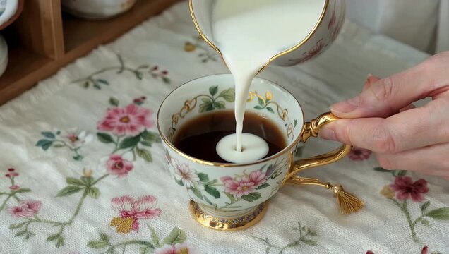 Cinematic 4K flat lay showing fresh dairy milk being poured slowly into a delicate porcelain teacup with a floral pattern creating beautiful swirling patterns in the dark steeped tea