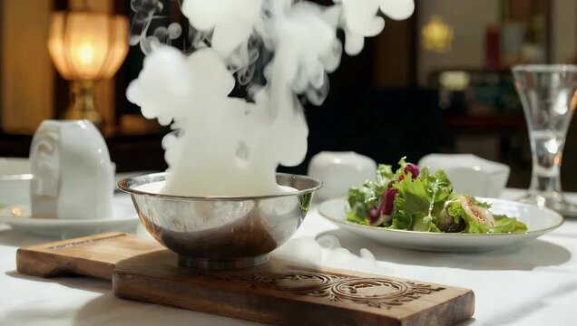 High end 4K molecular gastronomy video capturing a chef pouring liquid nitrogen over a plated gourmet salad appetizer releasing dramatic thick plumes of cold white vapor across the upscale dish