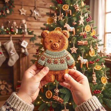 Child Holding Gingerbread Bear Cookie in Front of Decorated Christmas Tree and Cozy Fireplace